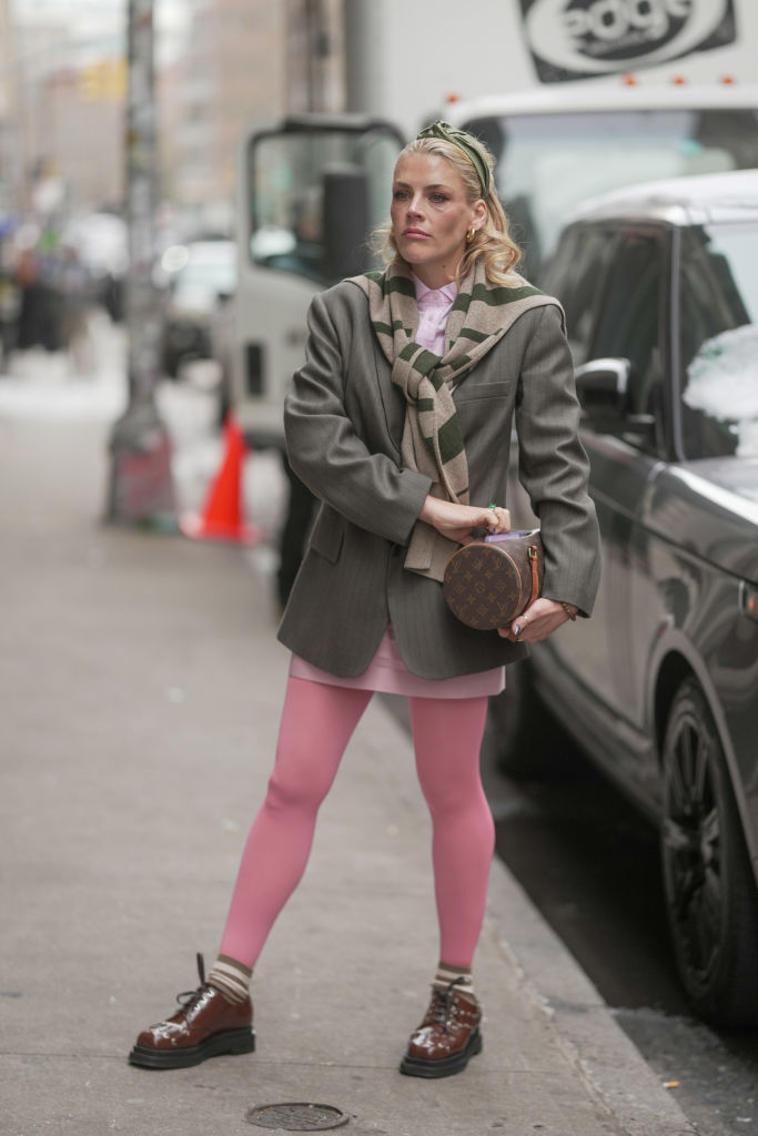 Oversized Grey Blazer with Pink Tights for an Eclectic Look — NYC Winter Outfits