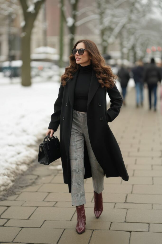 Long Black Coat with Cropped Plaid Trousers — Snow Day Outfits