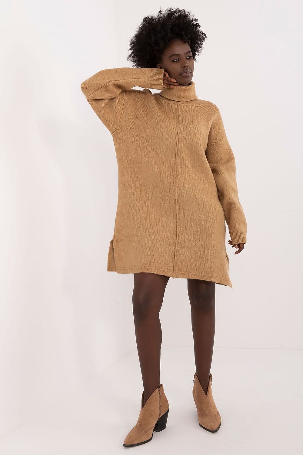 Camel Knit Turtleneck Dress with Ankle Boots — Europe Winter Outfits
