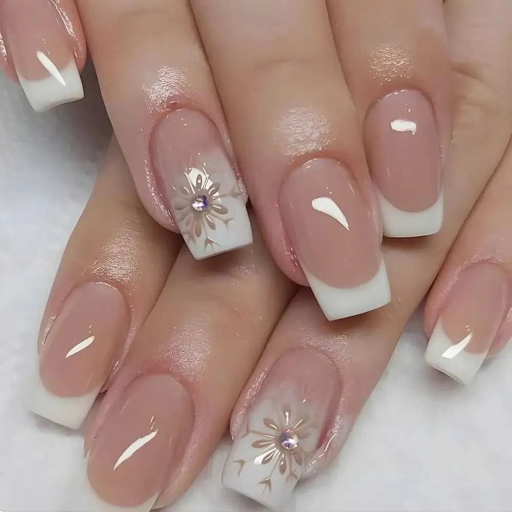Sheer Pink French with Gold Floral Accents Sheer Pink French with Gold Floral Accents β New Years Square Nails 2027