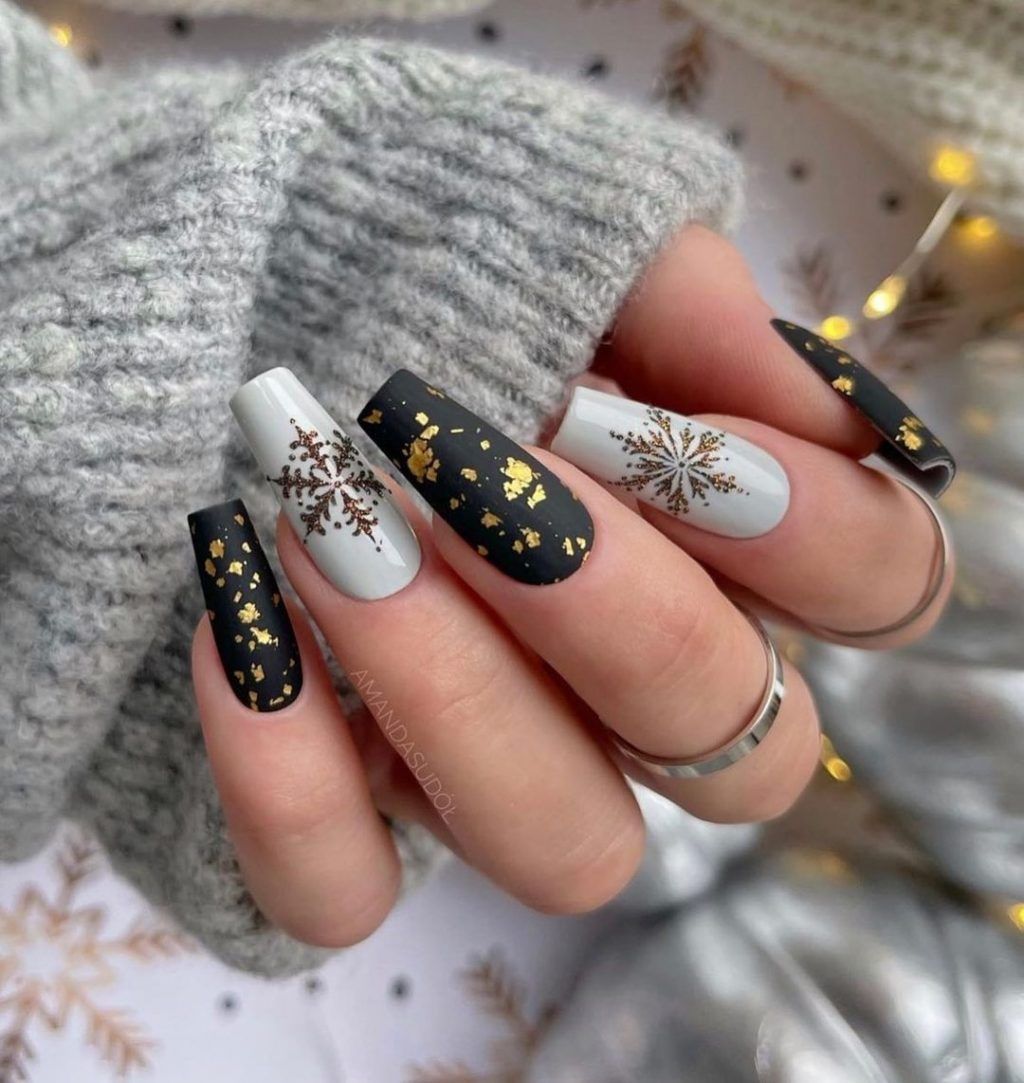 Matte Black Gold Foil Snowflake Coffin Nails Matte Black Gold Foil Snowflake Coffin Nails β Winter Nail Trends