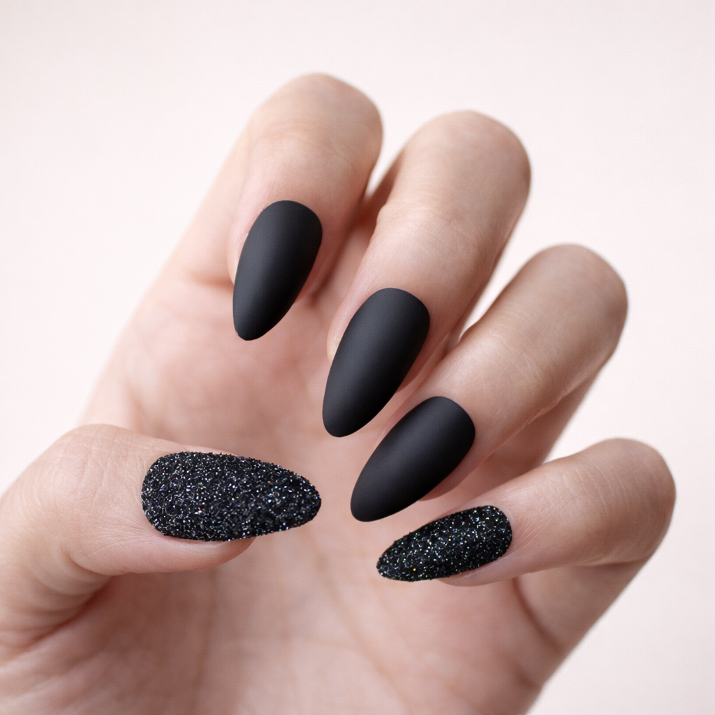 Matte Black With Glitter Accent Nail — Winter Black Nails