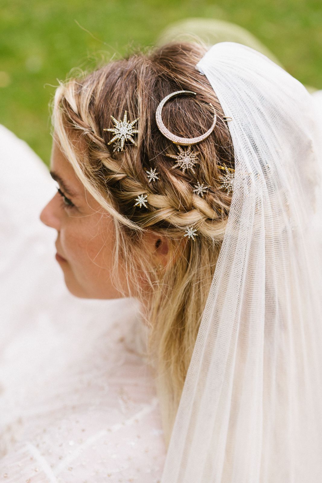 Blonde Braided Crown Celestial Accessories — Winter Wedding Hairstyles