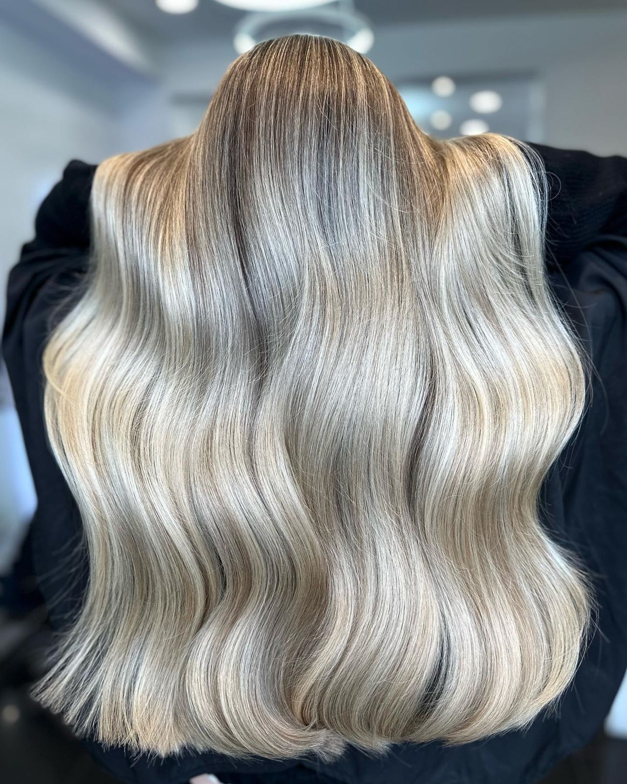 Long Flowing Platinum Blonde Back View — Winter Hair Colors for Pale Skin