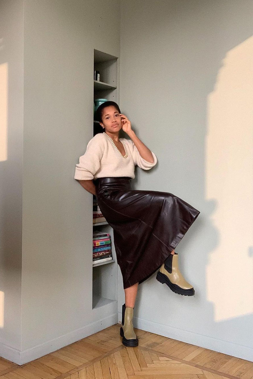 Chunky Sole Ankle Boots In Light Green Outfit Idea — Winter Outfits for Moms