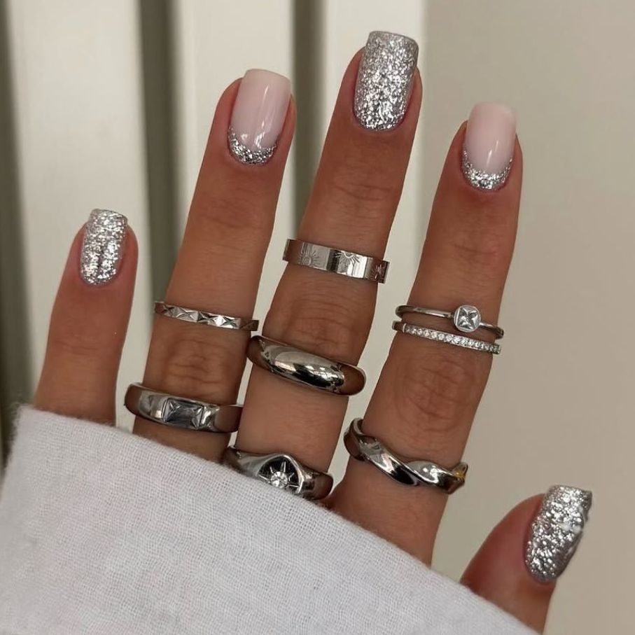 Silver Glitter French Tip Square Nails Silver Glitter French Tip Square Nails โ Winter Formal Nails