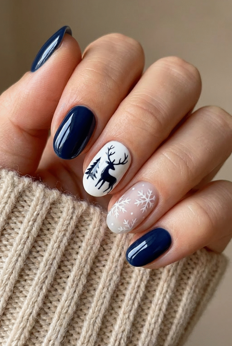 Short Oval Navy with Winter Art Short Oval Navy with Winter Art โ Winter Blue Nails