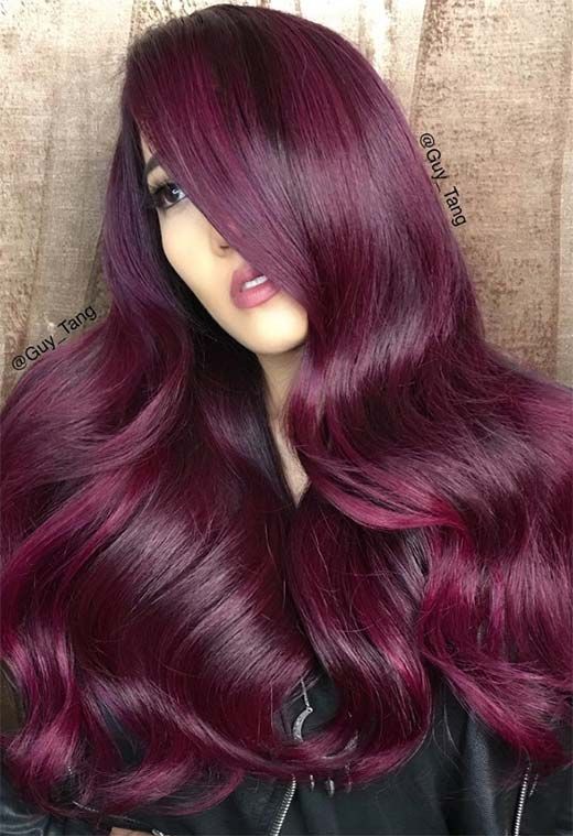 Deep Plum With Voluminous Waves And Side Bangs Deep Plum With Voluminous Waves And Side Bangs β Plum Hair Color