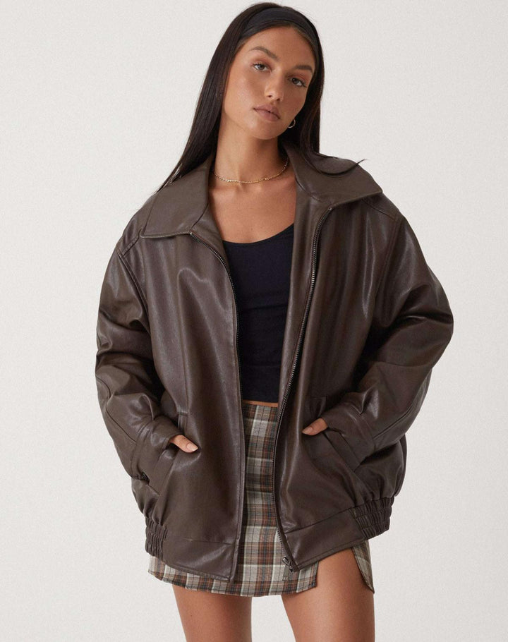 Oversized Brown Faux Leather Bomber Jacket with Plaid Mini Skirt Oversized Brown Faux Leather Bomber Jacket with Plaid Mini Skirt β Classy Winter Outfits