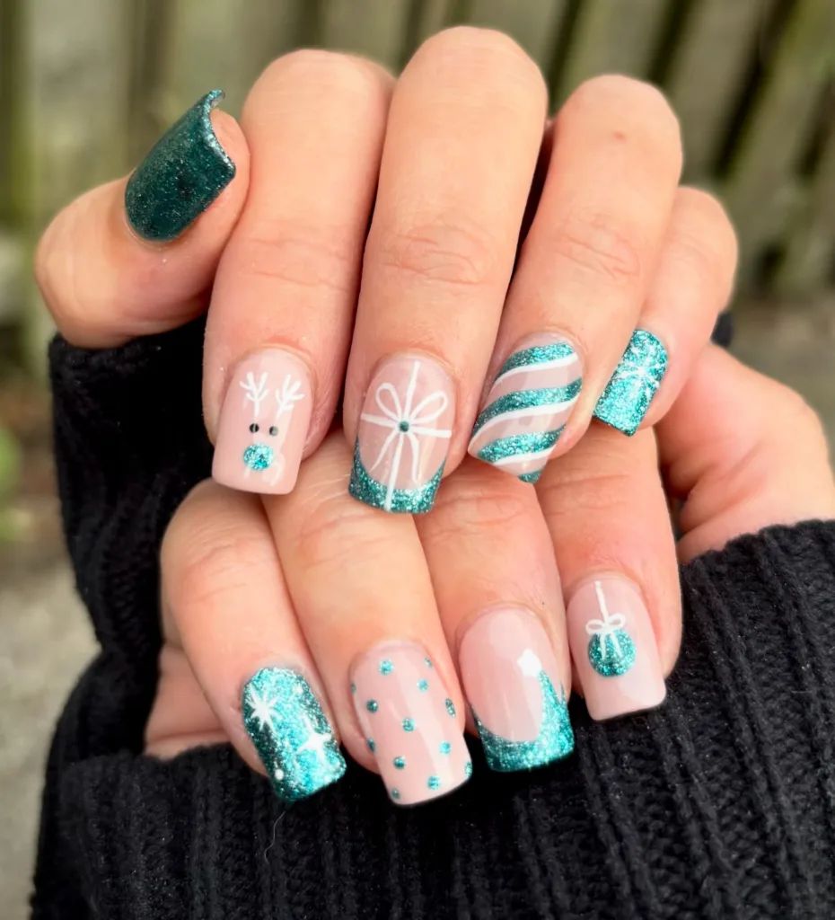 Teal Glitter and Line Art Nails — Cute Winter Nails