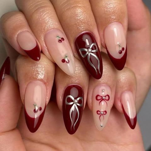 Almond Nails with Cherry and Bow Art Almond Nails with Cherry and Bow Art β Black Cherry Nails