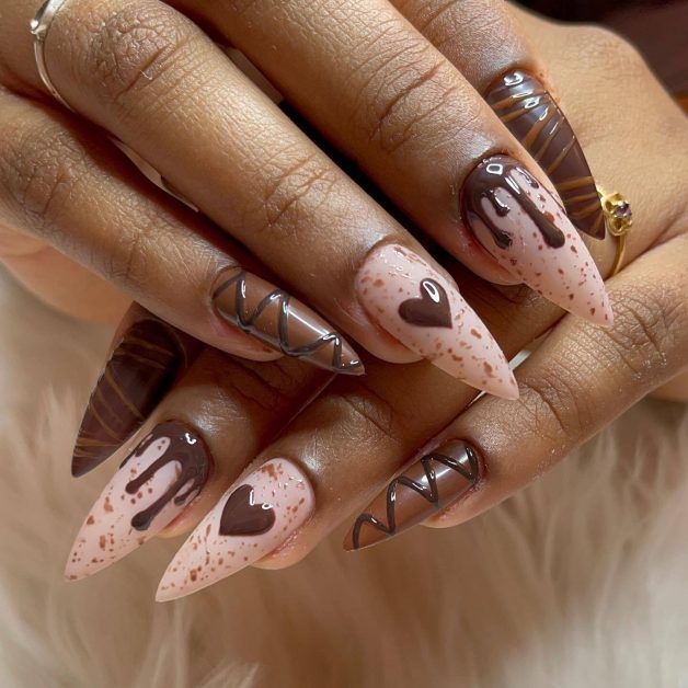 Chocolate Drip Art Glossy Stiletto Chocolate Drip Art Glossy Stiletto β Chocolate Brown Nails