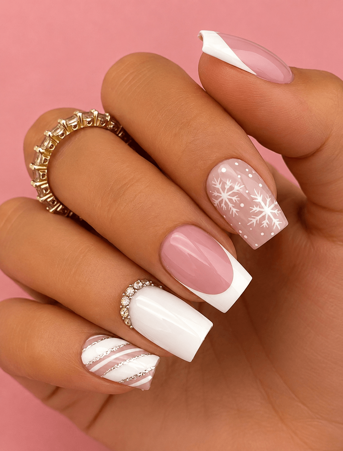 Snowflake Rhinestone French Manicure Medium Square Snowflake Rhinestone French Manicure Medium Square β Christmas Nails for Work 2026