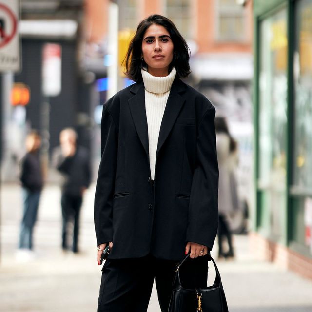 Oversized Black Blazer with White Turtleneck and Wide-Leg Pants — Winter Capsule Wardrobe