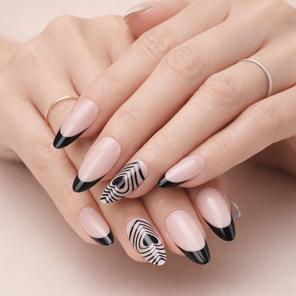 Graphic Black Heart French Almonds Graphic Black Heart French Almonds โ Winter Almond Nails