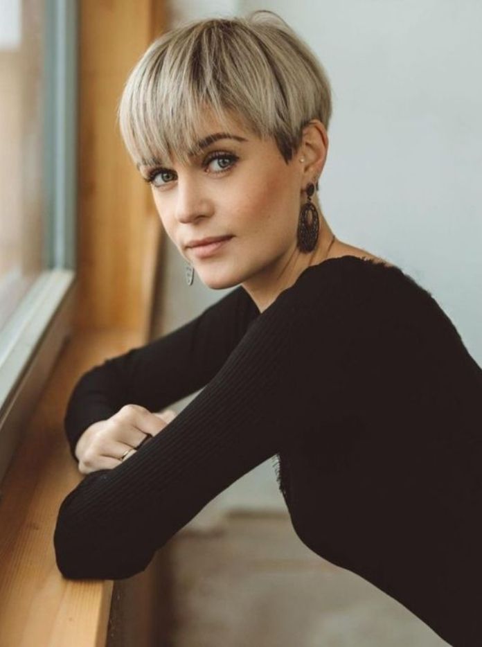 Platinum Blonde Pixie with Short Bangs — Winter Haircuts for Women Over 40