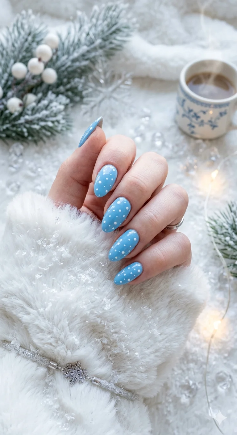 Vibrant Light Blue Polka Dots — Cute Winter Nails