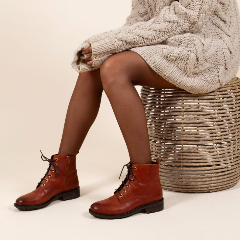 Brown Lace-Up Boots with a Cream Knit Sweater Brown Lace-Up Boots with a Cream Knit Sweater β Ankle Boots Outfits