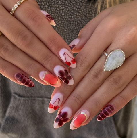 Medium Almond Cherry Art and Marble Medium Almond Cherry Art and Marble β Cherry Red Nails