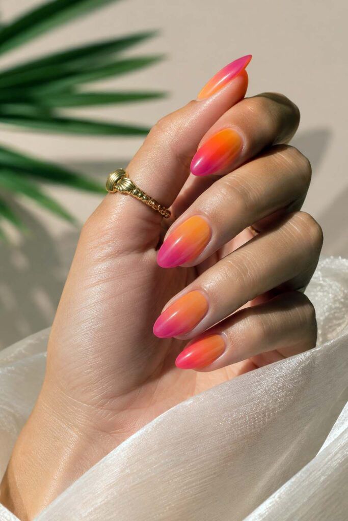 Hot Pink to Orange Gradient Almond Nails Hot Pink to Orange Gradient Almond Nails β Holiday Nails 2026