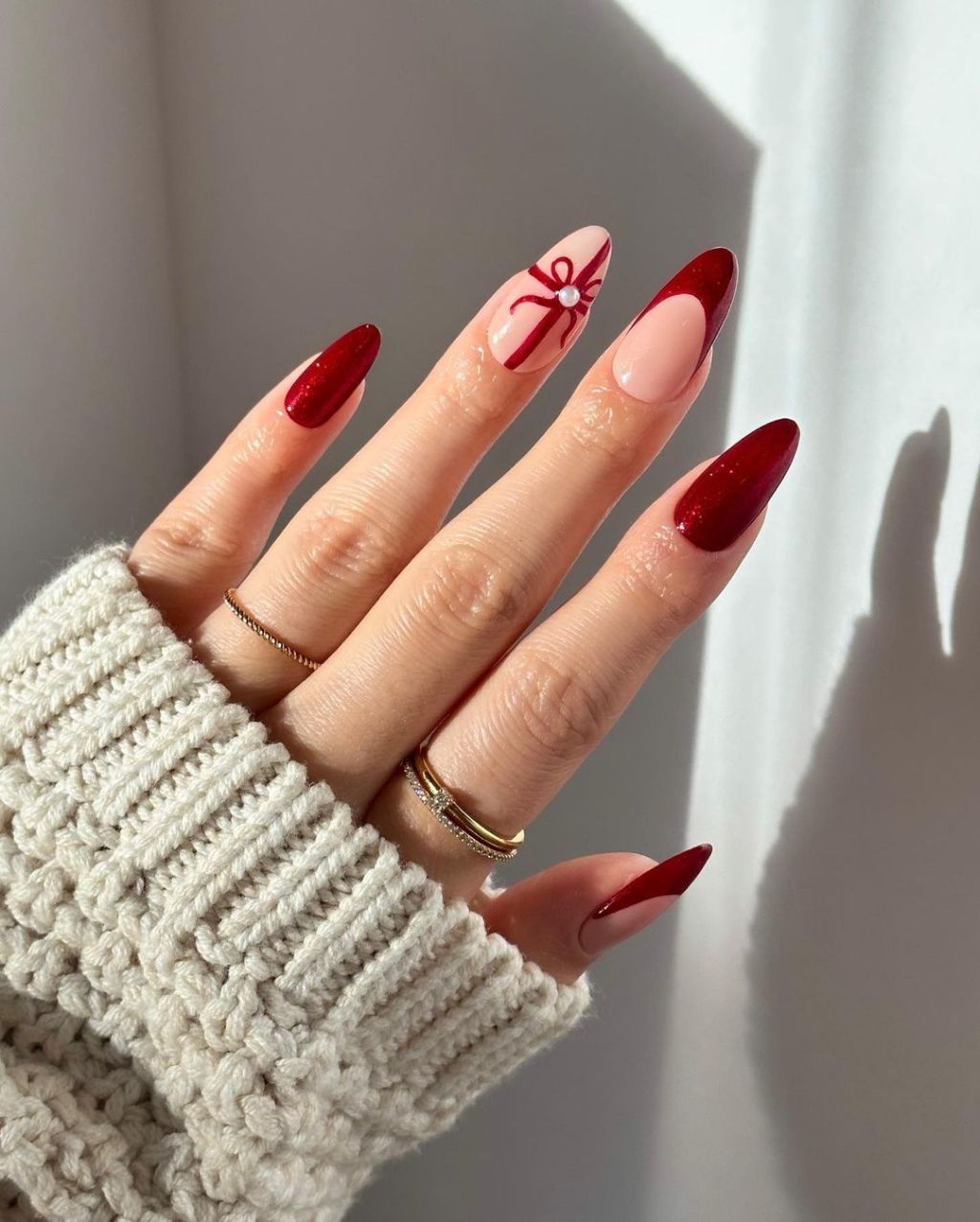 Bold Red Bow French Almonds Bold Red Bow French Almonds β Winter Bow Nails