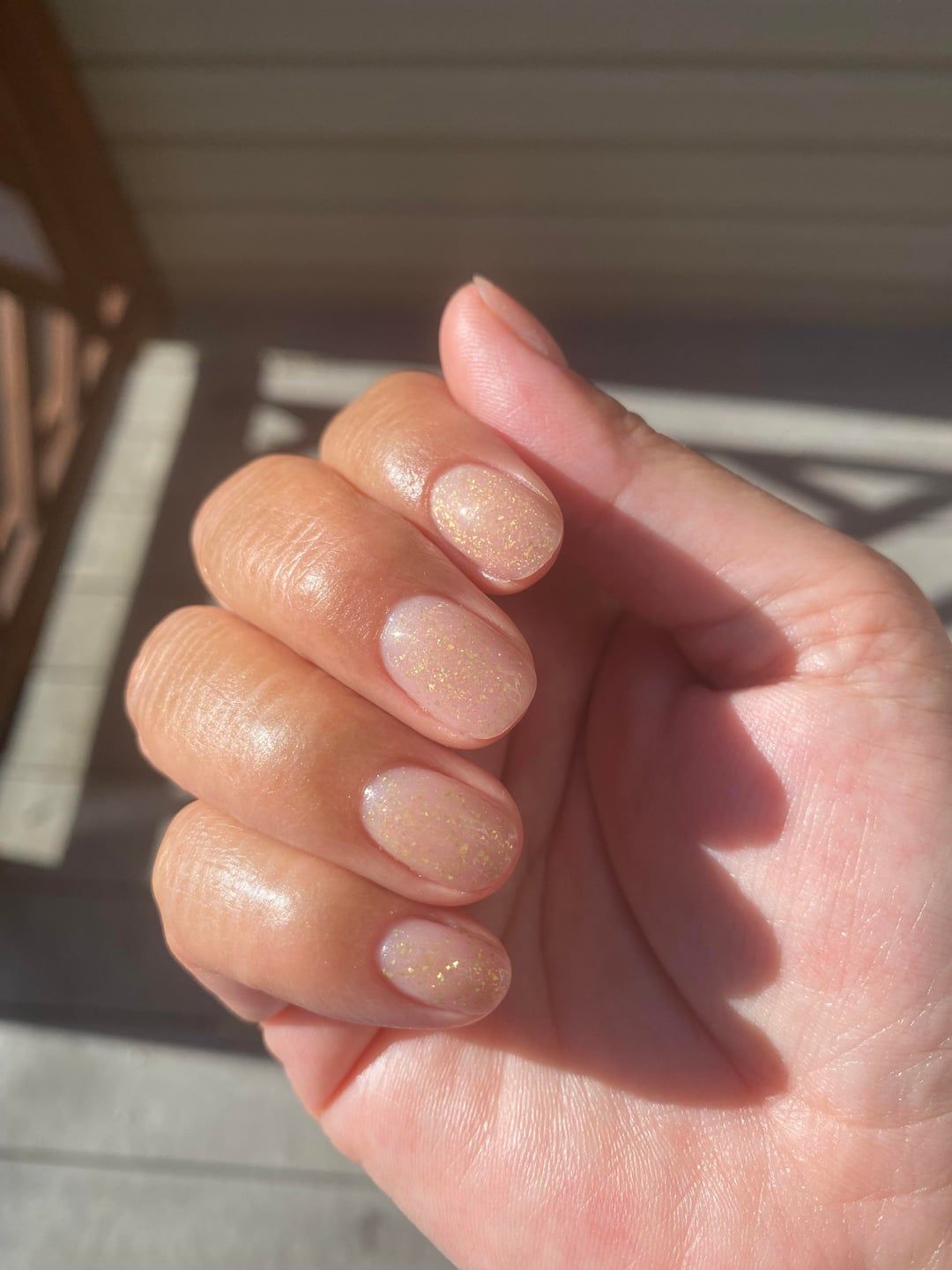 Sheer Nude With Subtle Gold Glitter Sheer Nude With Subtle Gold Glitter β Winter Champagne Nails
