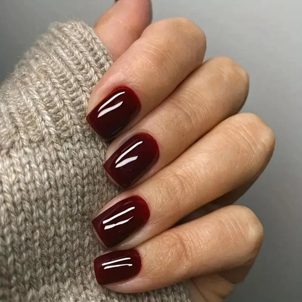 Deep Burgundy High Gloss Nails — Short Winter Square Nails