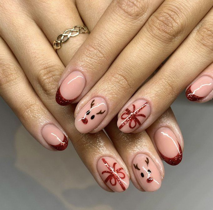 Sheer Pink Base Red Glitter Brown Red Visual Idea Sheer Pink Base Red Glitter Brown Red Visual Idea β Winter Party Nails