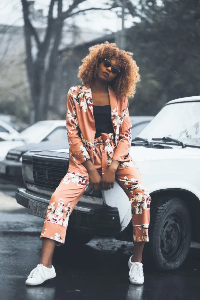 Floral Print Satin Suit with Black Top Floral Print Satin Suit with Black Top β Winter to Spring Transition Outfits