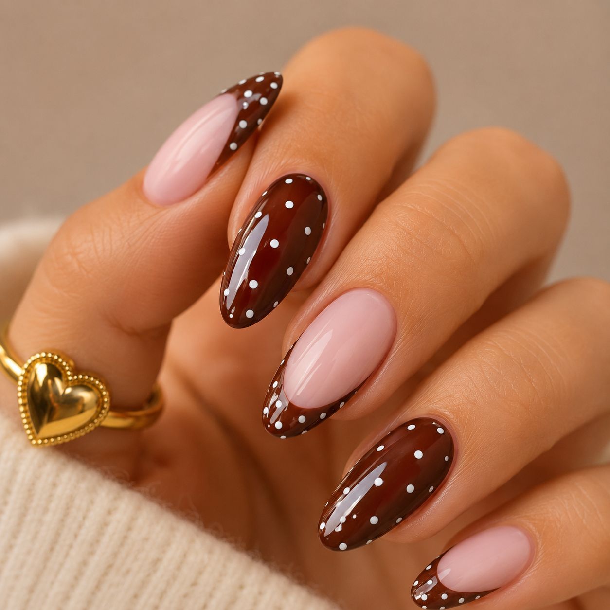 Brown Nails with Pink Tips and Dots Brown Nails with Pink Tips and Dots β Medium Winter Almond Nails