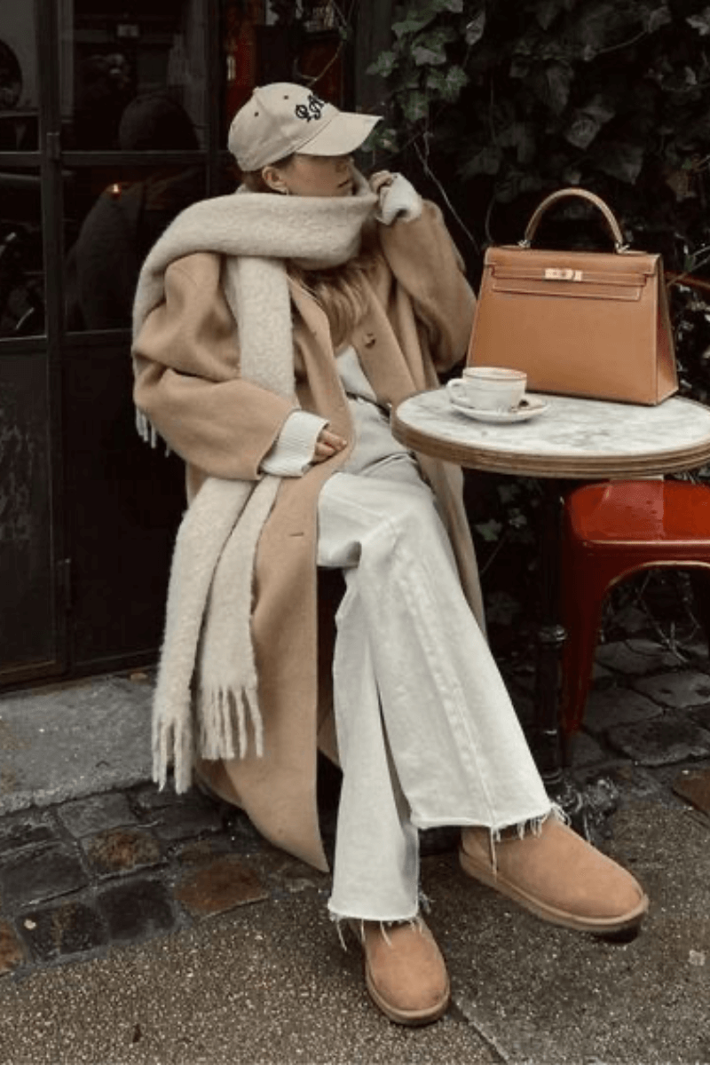 Camel Coat and White Jeans with Tan Ugg Boots Camel Coat and White Jeans with Tan Ugg Boots β Ugg Slippers Outfits