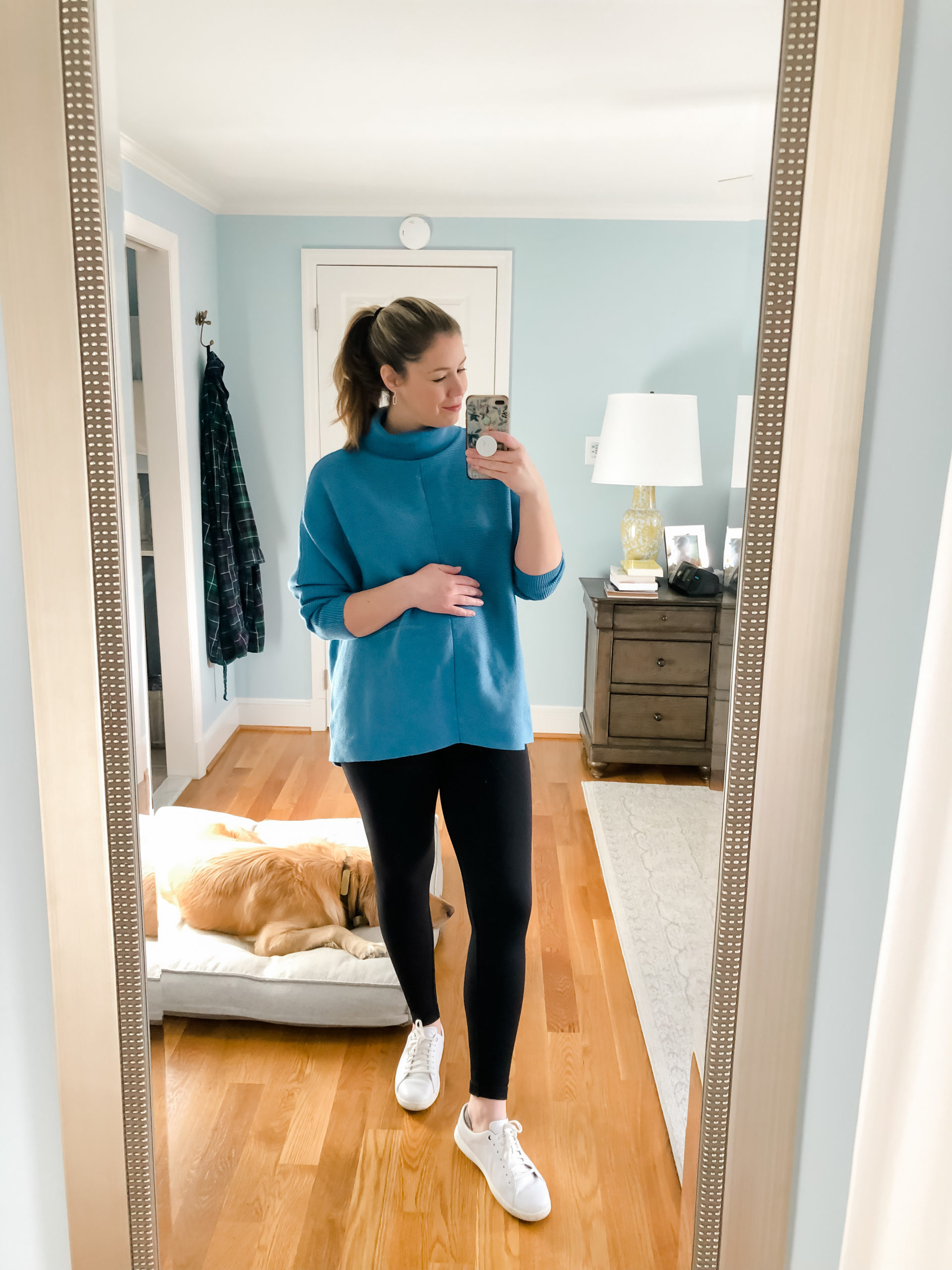 Oversized Blue Knit Turtleneck with Black Leggings Oversized Blue Knit Turtleneck with Black Leggings β Winter Maternity Outfits