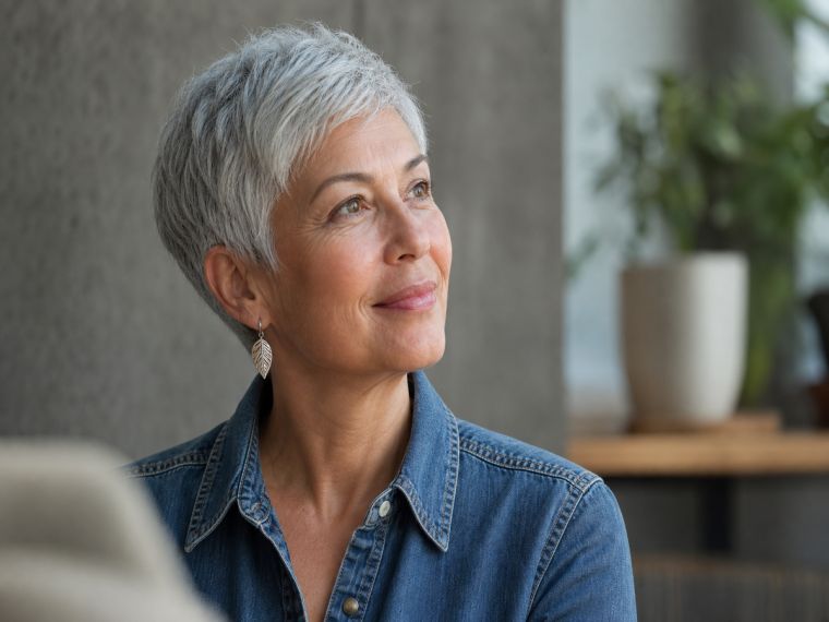 Grey Layered Bob with Defined Curls Grey Layered Bob with Defined Curls β Winter Hairstyles for Women Over 60