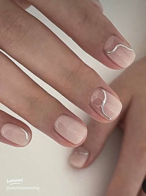 Sheer Nude with Silver Line Art Sheer Nude with Silver Line Art β Clean Girl Winter Nails