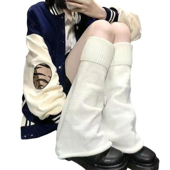 Streetwear Style with White Knit Leg Warmers and Varsity Jacket — Leg Warmers Outfits