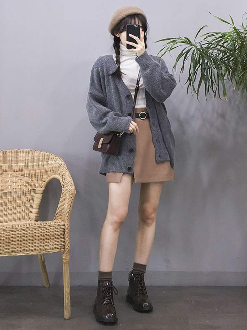 Layered Knitwear with A-Line Skirt — Korean Winter Outfits