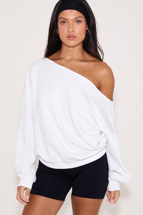 Oversized Off-the-Shoulder Sweatshirt with Black Shorts Oversized Off-the-Shoulder Sweatshirt with Black Shorts โ Loungewear Outfits