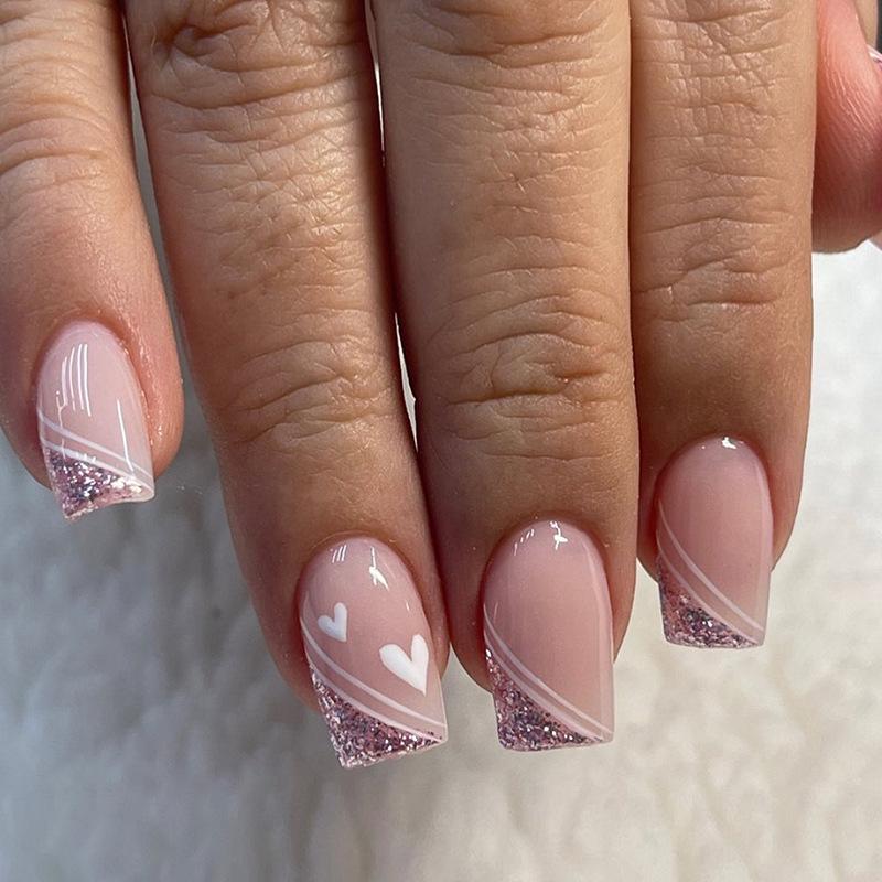 Pink White Hearts Glitter French Square Nails Pink White Hearts Glitter French Square Nails β Medium Length Winter Nails