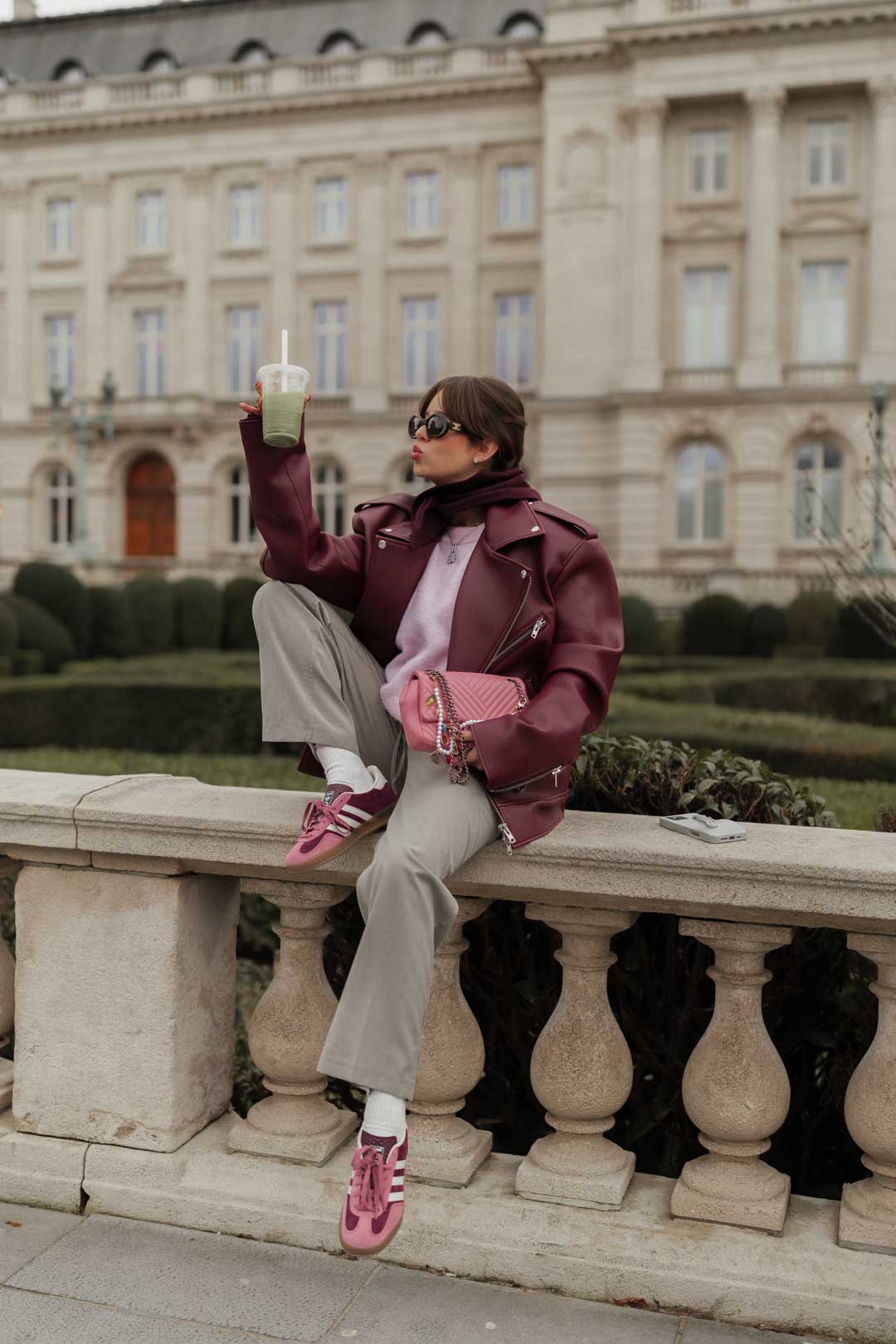 Burgundy Biker Jacket with Pink Accents for Casual Winter Fun Burgundy Biker Jacket with Pink Accents for Casual Winter Fun β December Outfits