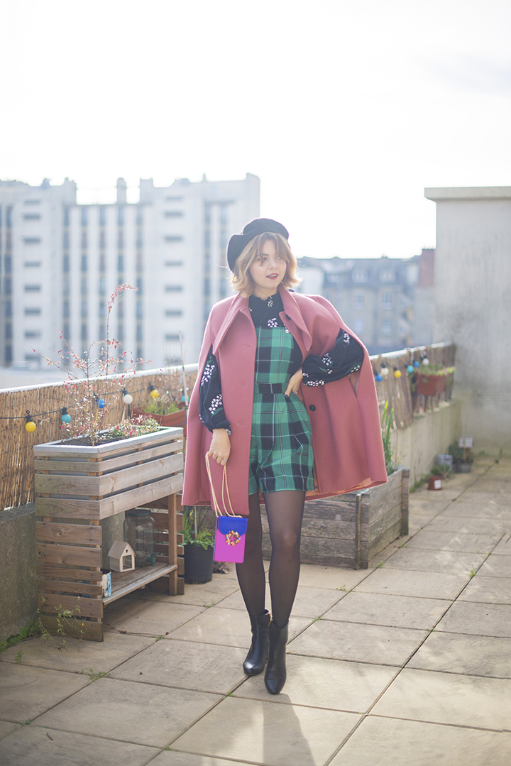 Pink Cape Over Green Plaid Romper for Pattern Play Pink Cape Over Green Plaid Romper for Pattern Play β Colorful Winter Outfits