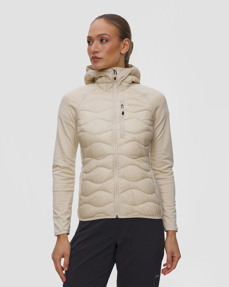 Cream Puffer Jacket with Fleece Sleeves and Hood — Winter Hiking Outfits