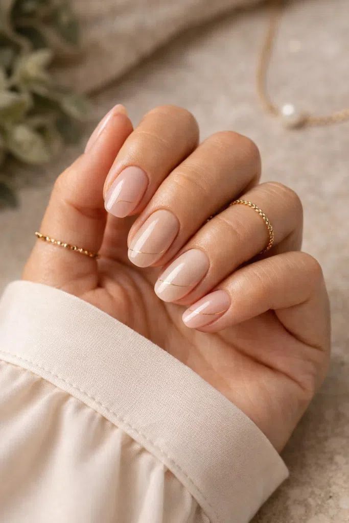 Sheer Nude with Gold Line Short Oval Nails — Winter Nail Colors for Pale Skin