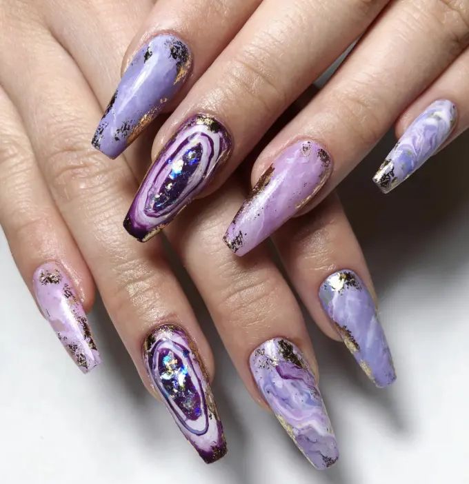 Light Cool Purple Shimmer Glossy Stilettos — Winter Purple Nails