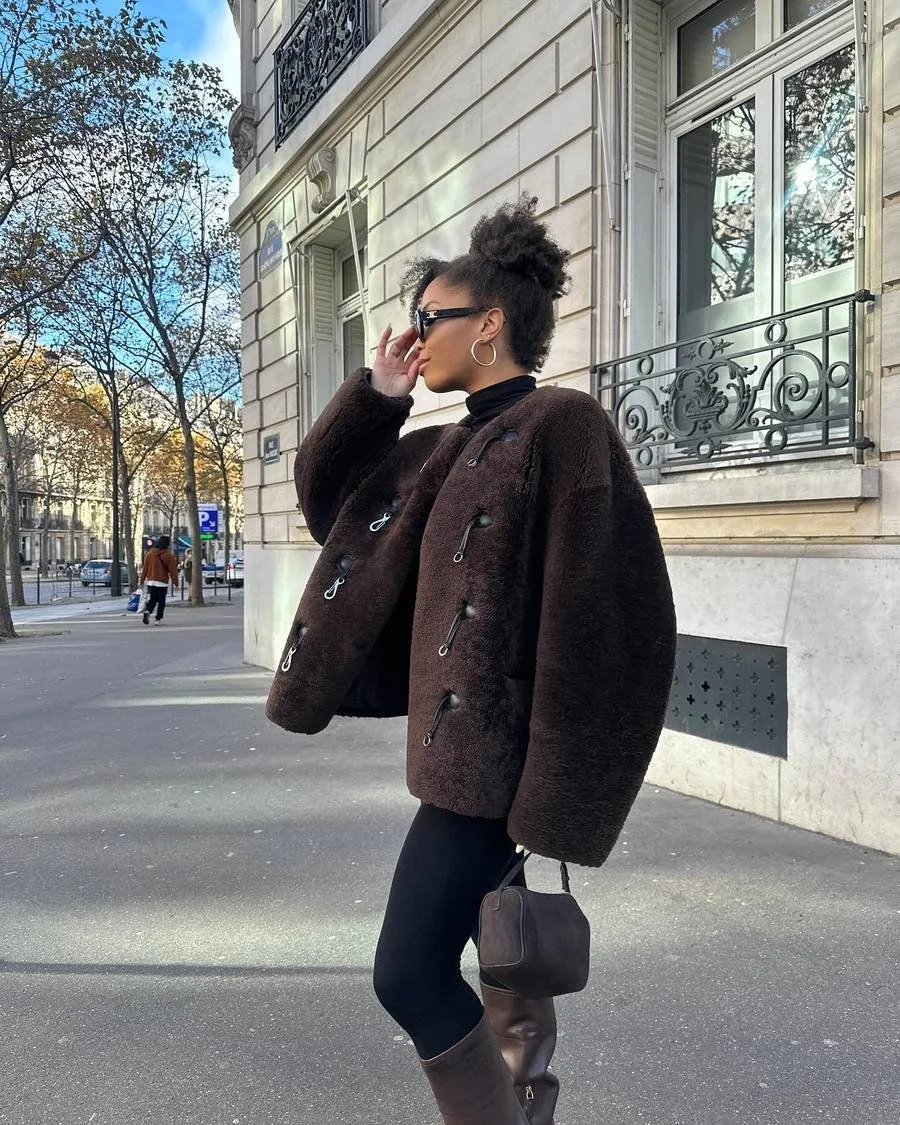 Textured Jacket with Leggings and Knee-High Boots — January Outfits