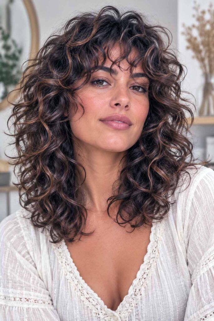 Collarbone Dark Brown Lob With Caramel Highlights — Winter Hair Colors for Curly Hair