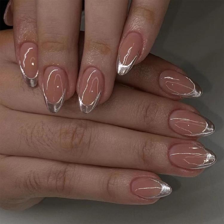 Sheer Nude with Silver French Tips Sheer Nude with Silver French Tips โ Short Winter Almond Nails