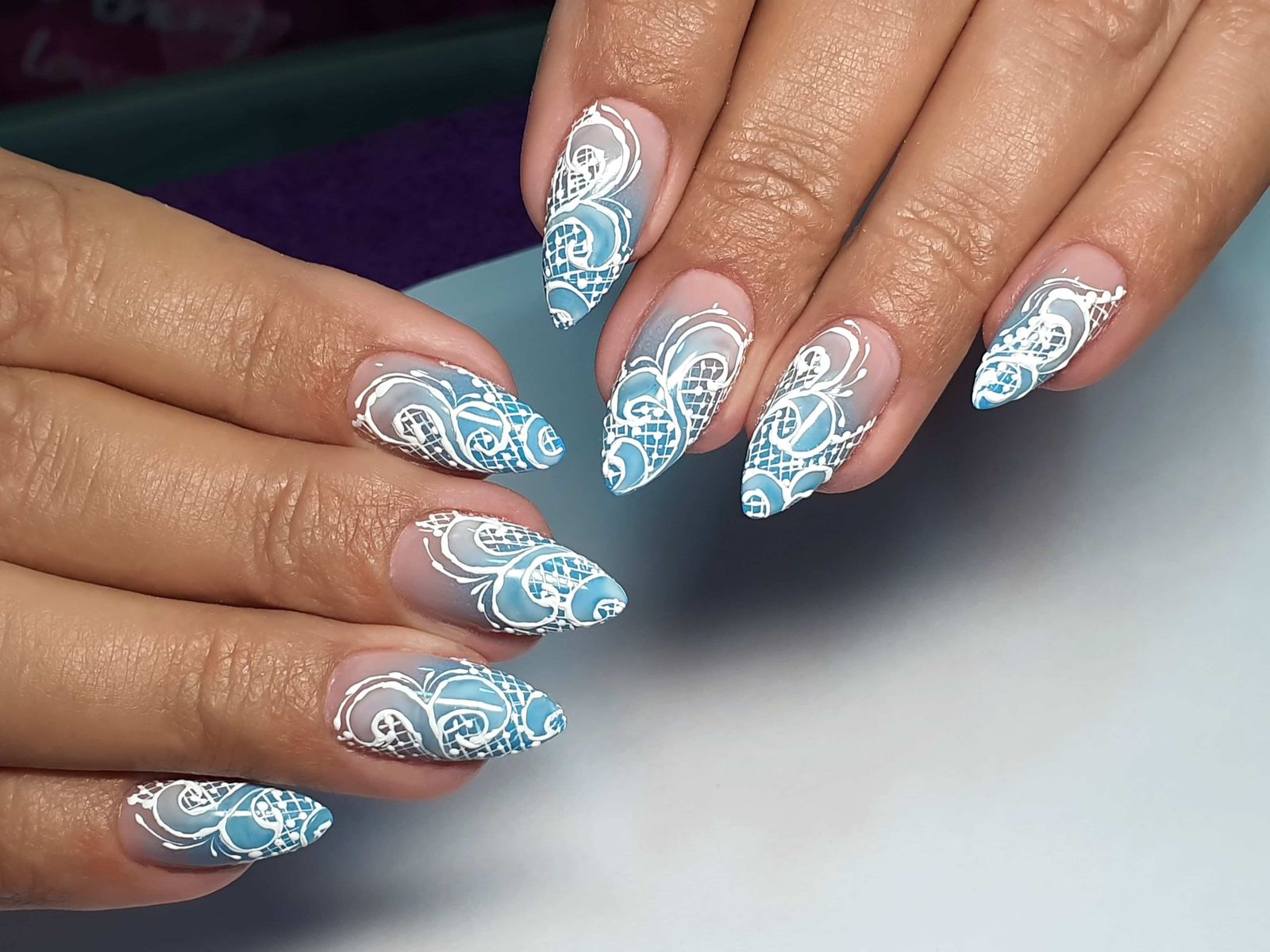 White Lace Over Blue Gradient White Lace Over Blue Gradient โ Classy Winter Nails