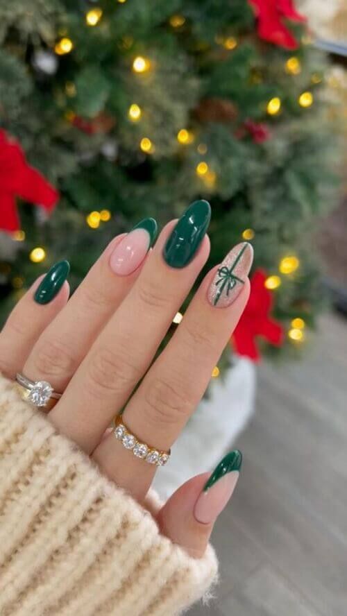 Deep Green French Tips with Gold Bow — Christmas Nail Designs 2026