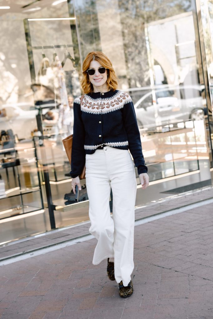 Navy Fair Isle Cardigan with Wide-Leg Trousers and Leopard Loafers Navy Fair Isle Cardigan with Wide-Leg Trousers and Leopard Loafers โ Fair Isle Sweater Outfits