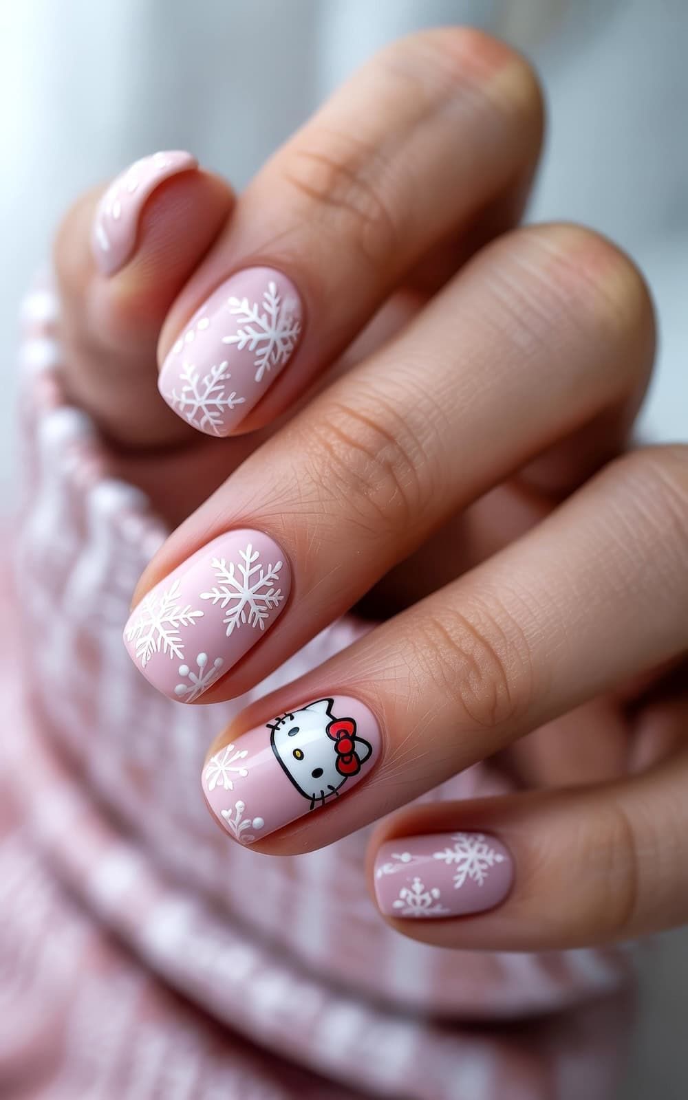Pale Pink Snowflake Kitty Oval Nails Pale Pink Snowflake Kitty Oval Nails β Hello Kitty Christmas Nails 2026